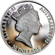 Australia 20 Dollars Olympic swimming 1993 KM# 219 ELIZABETH II AUSTRALIA 1993 20 DOLLARS RDM coin obverse Australia 20 Dollars Olympic swimming 1993 KM# 219 ELIZABETH II AUSTRALIA 1993 20 DOLLARS RDM coin obverse