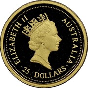 Australia 25 Dollars Kangaroo 1997 Proof KM# 340 ELIZABETH II AUSTRALIA 25 DOLLARS coin obverse Australia 25 Dollars Kangaroo 1997 Proof KM# 340 ELIZABETH II AUSTRALIA 25 DOLLARS coin obverse