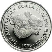 Australia 25 Dollars Koala 1996 P KM# 346 THE AUSTRALIAN KOALA 1/4 OZ. 9995 PLATINUM 1996 P coin reverse Australia 25 Dollars Koala 1996 P KM# 346 THE AUSTRALIAN KOALA 1/4 OZ. 9995 PLATINUM 1996 P coin reverse