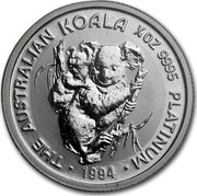 Australia 25 Dollars The Australian Koala 1994 KM# 251 THE AUSTRALIAN KOALA 1/4 OZ 9995 PLATINUM 1994 coin reverse Australia 25 Dollars The Australian Koala 1994 KM# 251 THE AUSTRALIAN KOALA 1/4 OZ 9995 PLATINUM 1994 coin reverse