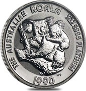 Australia 25 Dollars (The Australian Koala) KM# 124 THE AUSTRALIAN KOALA 1/4 OZ 9995 PLATINUM 1990 MT coin reverse Australia 25 Dollars (The Australian Koala) KM# 124 THE AUSTRALIAN KOALA 1/4 OZ 9995 PLATINUM 1990 MT coin reverse