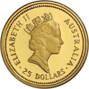 Australia 25 Dollars The Australian Nugget 1986 KM# 90 ELIZABETH II AUSTRALIA 25 DOLLARS RDM coin obverse Australia 25 Dollars The Australian Nugget 1986 KM# 90 ELIZABETH II AUSTRALIA 25 DOLLARS RDM coin obverse