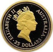 Australia 25 Dollars The Australian Nugget 1988 KM# 105 ELIZABETH II AUSTRALIA 25 DOLLARS RDM coin obverse Australia 25 Dollars The Australian Nugget 1988 KM# 105 ELIZABETH II AUSTRALIA 25 DOLLARS RDM coin obverse