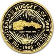 Australia 25 Dollars The Australian Nugget 1988 KM# 105 THE AUSTRALIAN NUGGET 1/4 OZ. FINE GOLD RUBY WELL 1913 P200 SD 1988 coin reverse Australia 25 Dollars The Australian Nugget 1988 KM# 105 THE AUSTRALIAN NUGGET 1/4 OZ. FINE GOLD RUBY WELL 1913 P200 SD 1988 coin reverse