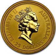 Australia 25 Dollars The Australian Nugget 1990 KM# 119 ELIZABETH II AUSTRALIA 25 DOLLARS RDM coin obverse Australia 25 Dollars The Australian Nugget 1990 KM# 119 ELIZABETH II AUSTRALIA 25 DOLLARS RDM coin obverse