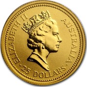 Australia 25 Dollars The Australian Nugget 1992 KM# 391 ELIZABETH II AUSTRALIA 25 DOLLARS RDM coin obverse Australia 25 Dollars The Australian Nugget 1992 KM# 391 ELIZABETH II AUSTRALIA 25 DOLLARS RDM coin obverse