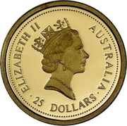 Australia 25 Dollars The Australian Nugget. Prospector Privy 1996 KM# 322 ELIZABETH II AUSTRALIA 25 DOLLARS RDM coin obverse Australia 25 Dollars The Australian Nugget. Prospector Privy 1996 KM# 322 ELIZABETH II AUSTRALIA 25 DOLLARS RDM coin obverse
