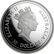 Australia 30 Dollars The Australian Kookaburra 1994 KM# 271 ELIZABETH II AUSTRALIA 30 DOLLARS RDM coin obverse Australia 30 Dollars The Australian Kookaburra 1994 KM# 271 ELIZABETH II AUSTRALIA 30 DOLLARS RDM coin obverse