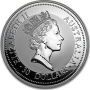 Australia 30 Dollars The Australian Kookaburra 1998 KM# 495 ELIZABETH II AUSTRALIA 30 DOLLARS RDM coin obverse Australia 30 Dollars The Australian Kookaburra 1998 KM# 495 ELIZABETH II AUSTRALIA 30 DOLLARS RDM coin obverse