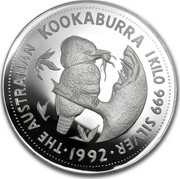Australia 30 Dollars (The Australian Kookaburra) KM# 229 THE AUSTRALIAN KOOKABURRA 1 KILO 999 SILVER *YEAR* P coin reverse