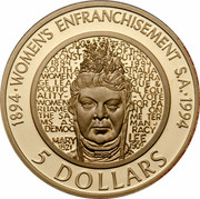Australia 5 Dollars 100 Years of Womens Enfranchisement South Australia 1994 KM# 224a 1894 WOMENS ENFRANCHISEMENT S.A. 1994 100 YEARS ACT OF THE CONSTITUTION 1894 1984 WOMENS SUFFRAGE LEAGUE & POLITICAL EQUALITY - VOTE WOMEN FOR PARLIAMENT ON THE SAME TERMS AS MAN. DEMOCRACY MARY LEE 1821 - 1909 5 DOLLARS coin reverse Australia 5 Dollars 100 Years of Womens Enfranchisement South Australia 1994 KM# 224a 1894 WOMENS ENFRANCHISEMENT S.A. 1994 100 YEARS ACT OF THE CONSTITUTION 1894 1984 WOMENS SUFFRAGE LEAGUE & POLITICAL EQUALITY - VOTE WOMEN FOR PARLIAMENT ON THE SAME TERMS AS MAN. DEMOCRACY MARY LEE 1821 - 1909 5 DOLLARS coin reverse