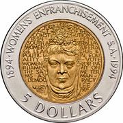 Australia 5 Dollars (100 Years of Womens Enfranchisement South Australia) KM# 224 1894 WOMENS ENFRANCHISEMENT S.A. 1994 100 YEARS ACT OF THE CONSTITUTION 1894 1984 WOMENS SUFFRAGE LEAGUE & POLITICAL EQUALITY - VOTE WOMEN FOR PARLIAMENT ON THE SAME TERMS AS MAN. DEMOCRACY MARY LEE 1821 - 1909 5 DOLLARS coin reverse Australia 5 Dollars (100 Years of Womens Enfranchisement South Australia) KM# 224 1894 WOMENS ENFRANCHISEMENT S.A. 1994 100 YEARS ACT OF THE CONSTITUTION 1894 1984 WOMENS SUFFRAGE LEAGUE & POLITICAL EQUALITY - VOTE WOMEN FOR PARLIAMENT ON THE SAME TERMS AS MAN. DEMOCRACY MARY LEE 1821 - 1909 5 DOLLARS coin reverse