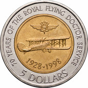 Australia 5 Dollars 70 Years of the Royal Flying Doctors Service 1998 KM# 374 70 YEARS OF THE ROYAL FLYING DOCTOR SERVICE 1928-1998 5 DOLLARS coin reverse Australia 5 Dollars 70 Years of the Royal Flying Doctors Service 1998 KM# 374 70 YEARS OF THE ROYAL FLYING DOCTOR SERVICE 1928-1998 5 DOLLARS coin reverse