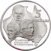 Australia 5 Dollars Australian Explorers - W.Lawson - G.Blaxland - W.C.Wentworth 1993 KM# 217 5 DOLLARS W.LAWSON G.BLAXLAND W.C.WENTWORTH G coin reverse