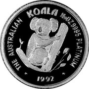 Australia 5 Dollars Koala 1992 KM# 191 THE AUSTRALIAN KOALA 1/20OZ 9995 PLATINUM 1992 coin reverse Australia 5 Dollars Koala 1992 KM# 191 THE AUSTRALIAN KOALA 1/20OZ 9995 PLATINUM 1992 coin reverse