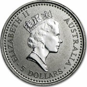 Australia 5 Dollars Koala 1994 KM# 249 ELIZABETH II AUSTRALIA 5 DOLLARS coin obverse Australia 5 Dollars Koala 1994 KM# 249 ELIZABETH II AUSTRALIA 5 DOLLARS coin obverse
