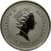 Australia 5 Dollars Koala 1996 KM# 283 ELIZABETH II AUSTRALIA 5 DOLLARS coin obverse Australia 5 Dollars Koala 1996 KM# 283 ELIZABETH II AUSTRALIA 5 DOLLARS coin obverse