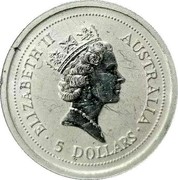 Australia 5 Dollars Koala 1997 KM# 344 ELIZABETH II AUSTRALIA • 5 DOLLARS • coin obverse Australia 5 Dollars Koala 1997 KM# 344 ELIZABETH II AUSTRALIA • 5 DOLLARS • coin obverse