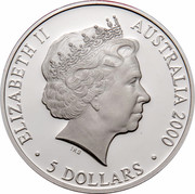 Australia 5 Dollars Kookaburra 2000 KM# 516 ELIZABETH II AUSTRALIA 2000 5 DOLLARS IRB coin obverse Australia 5 Dollars Kookaburra 2000 KM# 516 ELIZABETH II AUSTRALIA 2000 5 DOLLARS IRB coin obverse