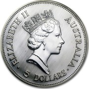 Australia 5 Dollars The Australian Kookaburra 1990 KM# 189 ELIZABETH II AUSTRALIA 5 DOLLARS RDM coin obverse Australia 5 Dollars The Australian Kookaburra 1990 KM# 189 ELIZABETH II AUSTRALIA 5 DOLLARS RDM coin obverse