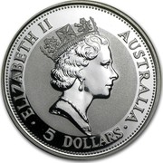 Australia 5 Dollars (The Australian Kookaburra) KM# 138 ELIZABETH II AUSTRALIA 5 DOLLARS RDM coin obverse Australia 5 Dollars (The Australian Kookaburra) KM# 138 ELIZABETH II AUSTRALIA 5 DOLLARS RDM coin obverse