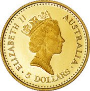 Australia 5 Dollars The Australian Nugget 1990 KM# 140 ELIZABETH II AUSTRALIA 5 DOLLARS RDM coin obverse Australia 5 Dollars The Australian Nugget 1990 KM# 140 ELIZABETH II AUSTRALIA 5 DOLLARS RDM coin obverse