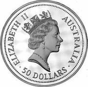 Australia 50 Dollars The Australian Kookaburra 1991 KM# 162 ELIZABETH II AUSTRALIA 50 DOLLARS RDM coin obverse Australia 50 Dollars The Australian Kookaburra 1991 KM# 162 ELIZABETH II AUSTRALIA 50 DOLLARS RDM coin obverse