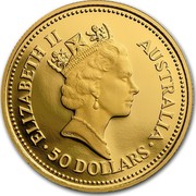 Australia 50 Dollars The Australian Nugget 1987 KM# 97 ELIZABETH II AUSTRALIA 50 DOLLARS RDM coin obverse Australia 50 Dollars The Australian Nugget 1987 KM# 97 ELIZABETH II AUSTRALIA 50 DOLLARS RDM coin obverse
