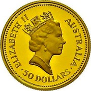 Australia 50 Dollars The Australian Nugget 1988 KM# 106 ELIZABETH II AUSTRALIA 50 DOLLARS RDM coin obverse Australia 50 Dollars The Australian Nugget 1988 KM# 106 ELIZABETH II AUSTRALIA 50 DOLLARS RDM coin obverse