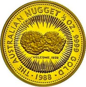 Australia 50 Dollars The Australian Nugget 1988 KM# 106 THE AUSTRALIAN NUGGET 1/2 OZ. FINE GOLD WELCOME 1858 P200 1988 coin reverse Australia 50 Dollars The Australian Nugget 1988 KM# 106 THE AUSTRALIAN NUGGET 1/2 OZ. FINE GOLD WELCOME 1858 P200 1988 coin reverse