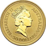 Australia 50 Dollars The Australian Nugget 1989 KM# 120 ELIZABETH II AUSTRALIA 50 DOLLARS RDM coin obverse Australia 50 Dollars The Australian Nugget 1989 KM# 120 ELIZABETH II AUSTRALIA 50 DOLLARS RDM coin obverse