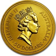 Australia 50 Dollars The Australian Nugget 1991 KM# 143 ELIZABETH II AUSTRALIA 50 DOLLARS RDM coin obverse Australia 50 Dollars The Australian Nugget 1991 KM# 143 ELIZABETH II AUSTRALIA 50 DOLLARS RDM coin obverse