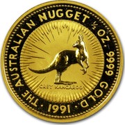 Australia 50 Dollars The Australian Nugget 1991 KM# 143 THE AUSTRALIAN NUGGET 1/2 OZ. 9999 GOLD GREY KANGAROO *YEAR* coin reverse Australia 50 Dollars The Australian Nugget 1991 KM# 143 THE AUSTRALIAN NUGGET 1/2 OZ. 9999 GOLD GREY KANGAROO *YEAR* coin reverse