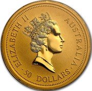 Australia 50 Dollars The Australian Nugget 1997 "Shu" Privy Mark KM# 341 ELIZABETH II AUSTRALIA 50 DOLLARS RDM coin obverse Australia 50 Dollars The Australian Nugget 1997 "Shu" Privy Mark KM# 341 ELIZABETH II AUSTRALIA 50 DOLLARS RDM coin obverse