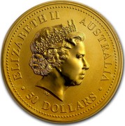 Australia 50 Dollars The Australian Nugget 1999 KM# 451 ELIZABETH II AUSTRALIA 50 DOLLARS IRB coin obverse Australia 50 Dollars The Australian Nugget 1999 KM# 451 ELIZABETH II AUSTRALIA 50 DOLLARS IRB coin obverse