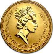 Australia 50 Dollars (The Australian Nugget) KM# 236 ELIZABETH II AUSTRALIA 50 DOLLARS RDM coin obverse Australia 50 Dollars (The Australian Nugget) KM# 236 ELIZABETH II AUSTRALIA 50 DOLLARS RDM coin obverse