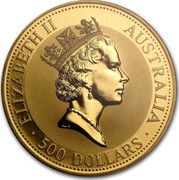 Australia 500 Dollars The Australian Kangaroo 1991 KM# 150 ELIZABETH II AUSTRALIA 500 DOLLARS RDM coin obverse Australia 500 Dollars The Australian Kangaroo 1991 KM# 150 ELIZABETH II AUSTRALIA 500 DOLLARS RDM coin obverse