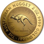 Australia 500 Dollars The Australian Kangaroo 1991 KM# 150 THE AUSTRALIAN NUGGET 2 OZ. 9999 GOLD *YEAR* RED KANGAROO coin reverse Australia 500 Dollars The Australian Kangaroo 1991 KM# 150 THE AUSTRALIAN NUGGET 2 OZ. 9999 GOLD *YEAR* RED KANGAROO coin reverse