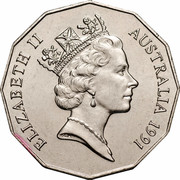 Australia Fifty Cents 25th Anniversary of decimal currency 1991 Proof KM# 139a ELIZABETH II AUSTRALIA 1991 coin obverse Australia Fifty Cents 25th Anniversary of decimal currency 1991 Proof KM# 139a ELIZABETH II AUSTRALIA 1991 coin obverse