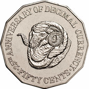 Australia Fifty Cents 25th Anniversary of decimal currency 1991 Proof KM# 139a 25TH ANNIVERSARY OF DECIMAL CURRENCY FIFTY CENTS coin reverse Australia Fifty Cents 25th Anniversary of decimal currency 1991 Proof KM# 139a 25TH ANNIVERSARY OF DECIMAL CURRENCY FIFTY CENTS coin reverse