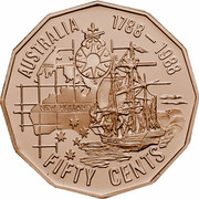 Australia Fifty Cents (Australian Bicentennial) KM# 99 AUSTRALIA 1788 - 1988 NEW HOLLAND W S E FIFTY CENTS coin reverse Australia Fifty Cents (Australian Bicentennial) KM# 99 AUSTRALIA 1788 - 1988 NEW HOLLAND W S E FIFTY CENTS coin reverse
