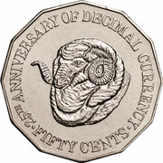 Australia Fifty Cents (Decimal Currency) KM# 139 25TH ANNIVERSARY OF DECIMAL CURRENCY FIFTY CENTS coin reverse Australia Fifty Cents (Decimal Currency) KM# 139 25TH ANNIVERSARY OF DECIMAL CURRENCY FIFTY CENTS coin reverse