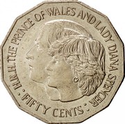 Australia Fifty Cents Wedding of Prince Charles and Lady Diana 1981 KM# 72 H.R.H. THE PRINCE OF WALES AND LADY DIANA SPENCER : FIFTY CENTS : coin reverse Australia Fifty Cents Wedding of Prince Charles and Lady Diana 1981 KM# 72 H.R.H. THE PRINCE OF WALES AND LADY DIANA SPENCER : FIFTY CENTS : coin reverse