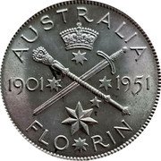 Australia Florin (50 Years of Federation) KM# 47 AUSTRALIA 1901 1951 FLO*RIN coin reverse Australia Florin (50 Years of Federation) KM# 47 AUSTRALIA 1901 1951 FLO*RIN coin reverse