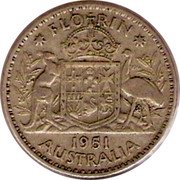 Australia Florin Coat of Arms 1951 KM# 48 FLO RIN K∙G *YEAR* AUSTRALIA coin reverse Australia Florin Coat of Arms 1951 KM# 48 FLO RIN K∙G *YEAR* AUSTRALIA coin reverse