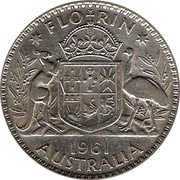 Australia Florin Coat of Arms 1961 (m) KM# 60 FLO RIN K G 1956 AUSTRALIA coin reverse Australia Florin Coat of Arms 1961 (m) KM# 60 FLO RIN K G 1956 AUSTRALIA coin reverse