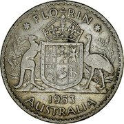 Australia Florin Elizabeth II 1953 KM# 54 *FLO RIN* K∙G 1953 AUSTRALIA coin reverse Australia Florin Elizabeth II 1953 KM# 54 *FLO RIN* K∙G 1953 AUSTRALIA coin reverse