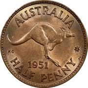 Australia Half Penny Kangaroo 1951 (p) With dot KM# 42 AUSTRALIA KG *YEAR* HALF PENNY PL coin reverse Australia Half Penny Kangaroo 1951 (p) With dot KM# 42 AUSTRALIA KG *YEAR* HALF PENNY PL coin reverse