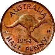 Australia Half Penny Kangaroo 1954 (p) KM# 49 AUSTRALIA KG *YEAR* HALF PENNY coin reverse Australia Half Penny Kangaroo 1954 (p) KM# 49 AUSTRALIA KG *YEAR* HALF PENNY coin reverse
