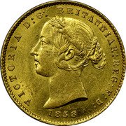 Australia Half Sovereign Victoria Sidney Mint 1858 KM# 3 VICTORIA D:G: BRITANNIAR:REG:F:D: *YEAR* coin obverse Australia Half Sovereign Victoria Sidney Mint 1858 KM# 3 VICTORIA D:G: BRITANNIAR:REG:F:D: *YEAR* coin obverse